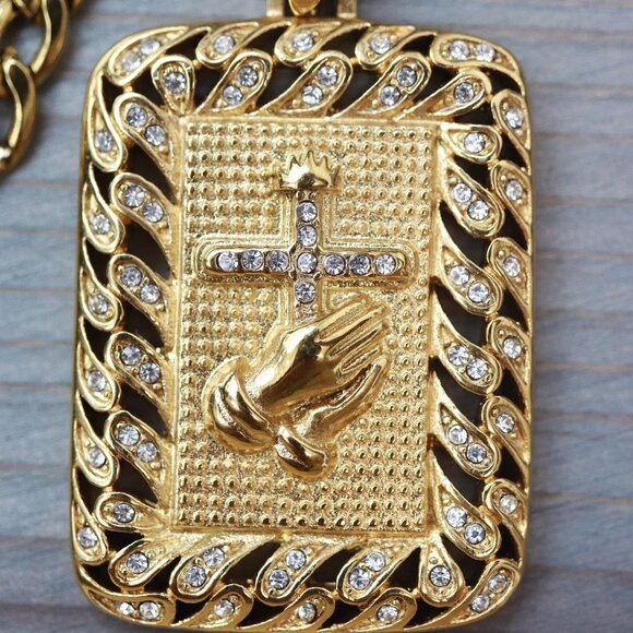 Praying Hands/Cross with Rhinestones Rectangular Shape Pendant Necklace - Picture 1 of 3